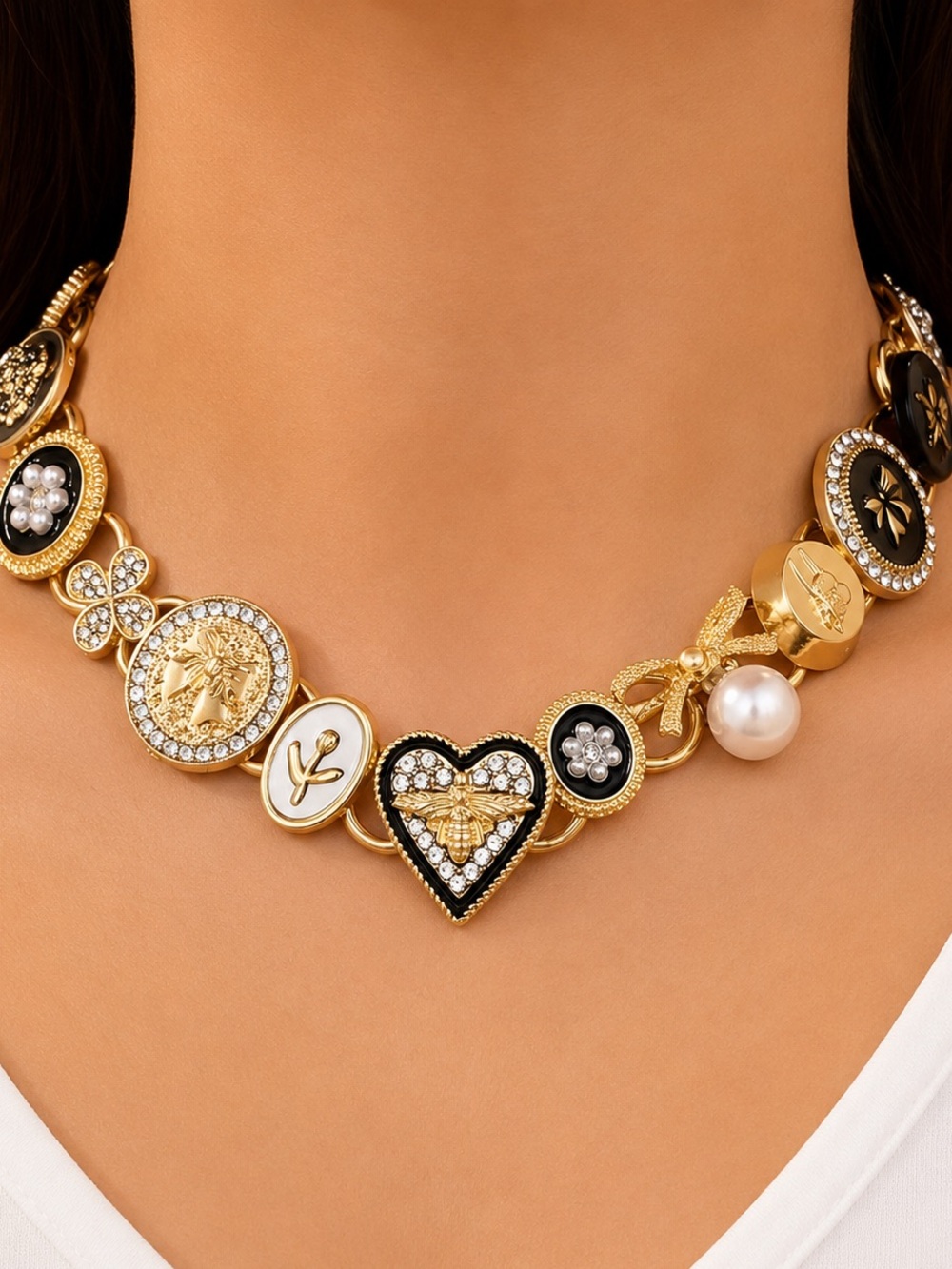 Versace Gold Black & White Heart and Medallion Choker Necklace